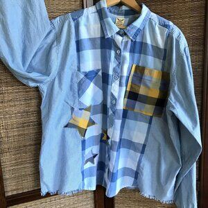 Mixed Plaid Button-Down Shirt, M-XL: Upcycled Oversized Boho Top, Stars & Fringe